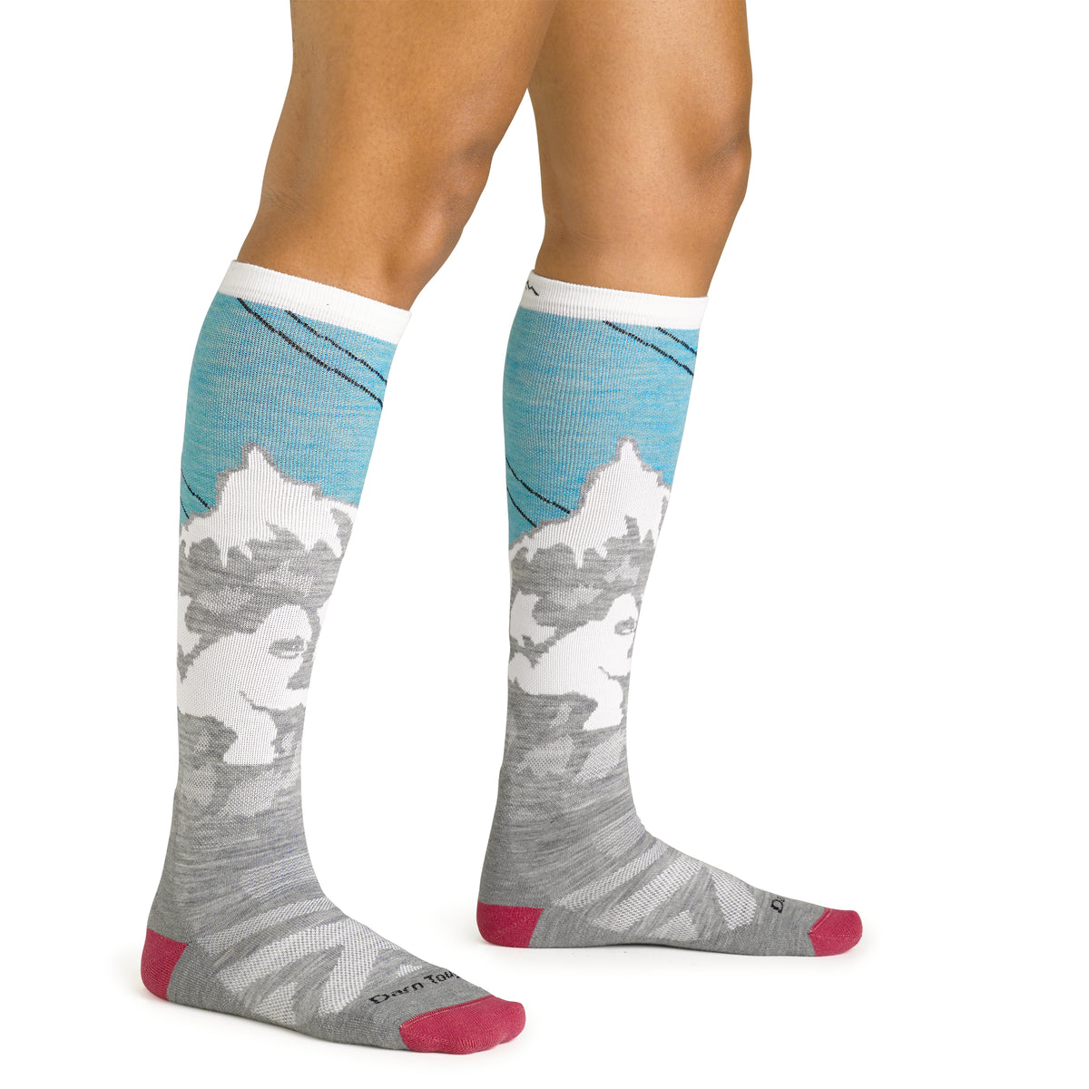 Darn Tough Women's Yeti Midweight Ski and Snowboard Sock Over the Calf w Cushion Aqua 1827 On Model