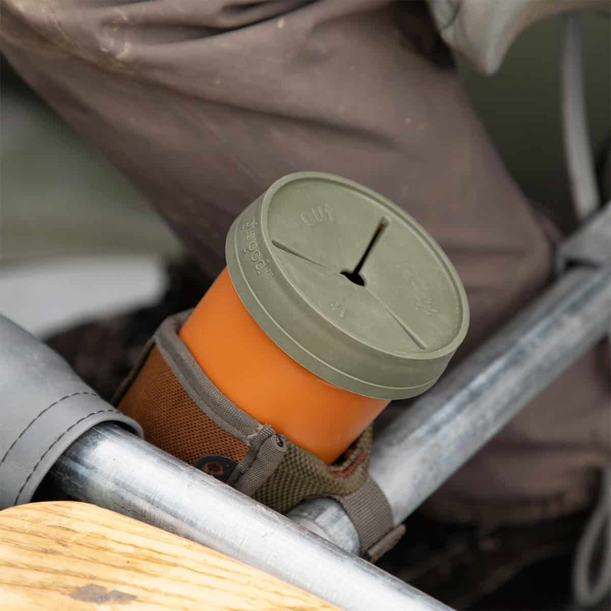 816332012105 Fishpond Largemouth PIOPOD Cutthroat Orange Micro Trash Cup holder Container On Raft In Holder