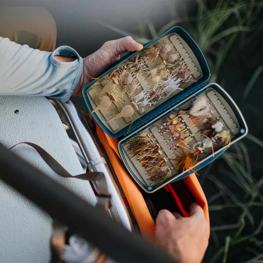816332014338 Fishpond Tacky Pescador Large Waterproof Fly Box Baja Blue Open With Saltwater Flies Fishing Looking Down