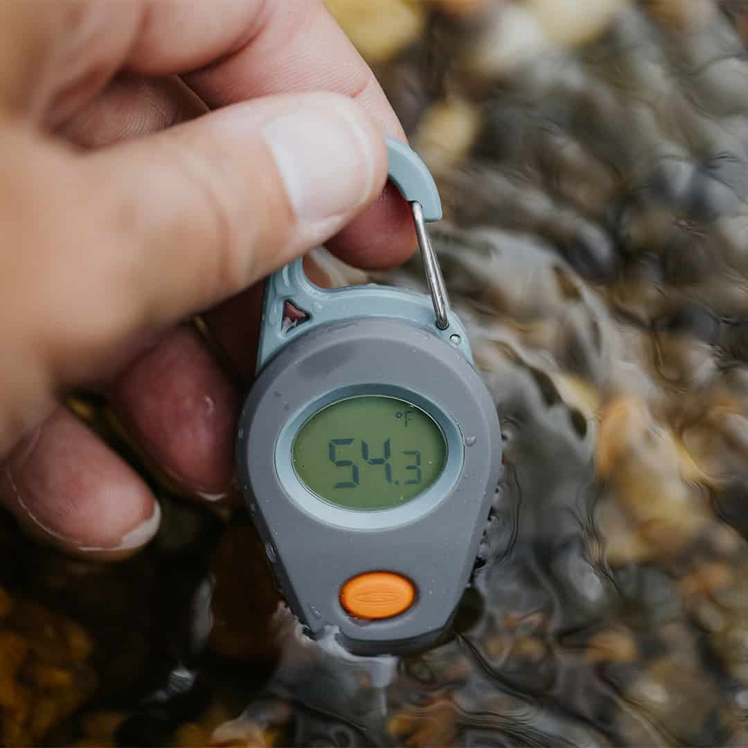 816332016202 Fishpond Riverkeeper Digital Fishing Thermometer Getting Temp In Stream Display Detail