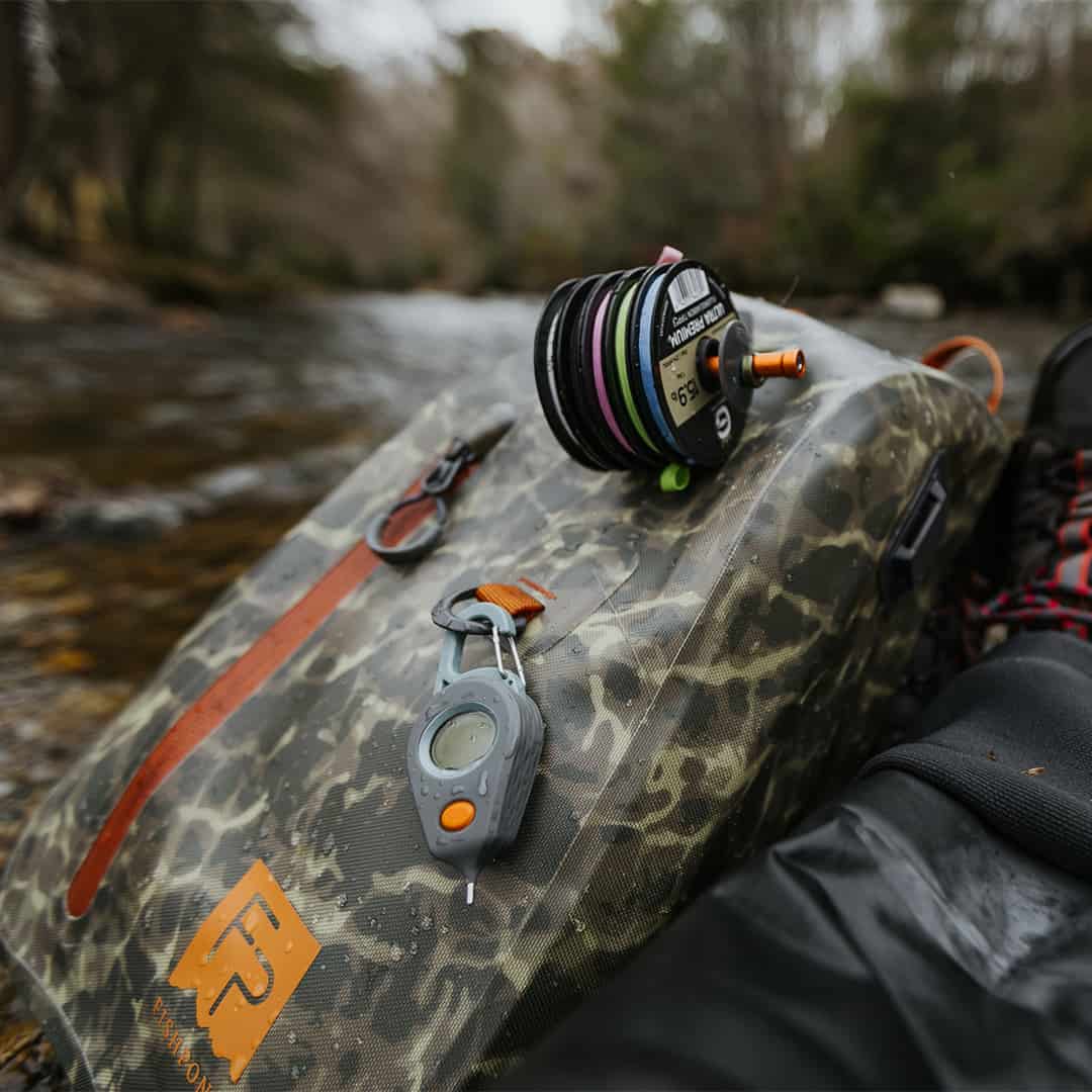 816332016202 Fishpond Riverkeeper Digital Fishing Thermometer On Thunderheaed In River Close up