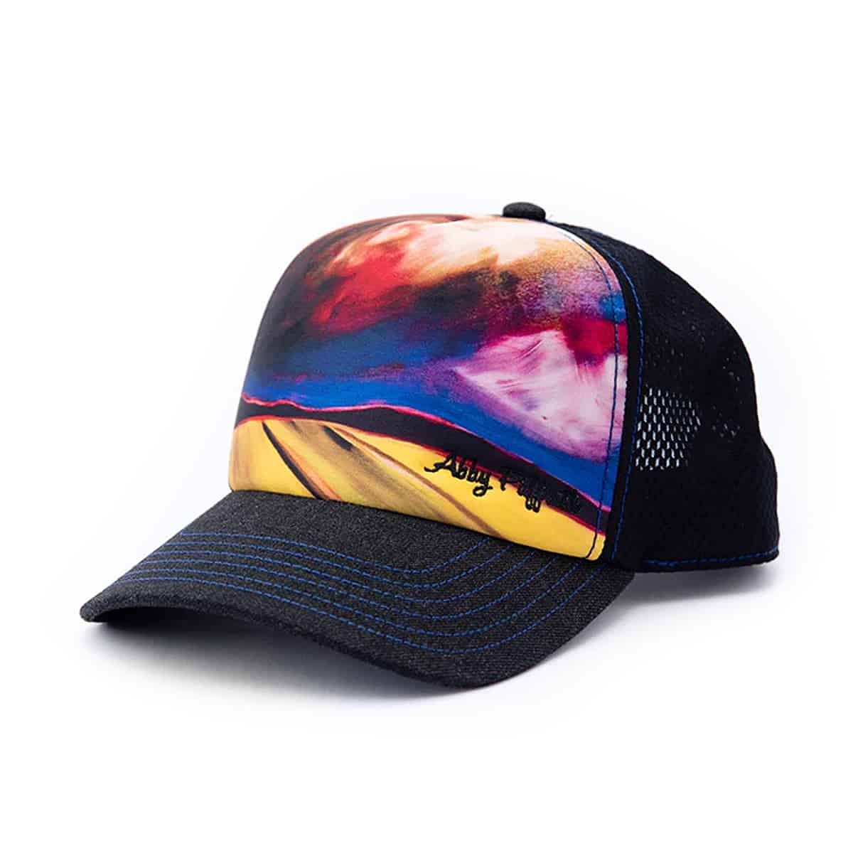 850029265016 Abby Paffrath art 4 all stormy skies trucker hat by abby paffrath featuring moody sky artwork three quarter