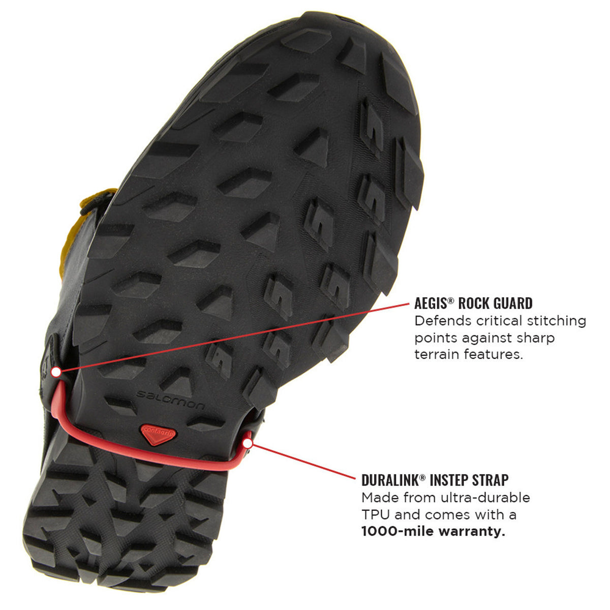 Close-up of a black hiking boot sole with text highlighting features of the Kahtoola RENAgaiter.