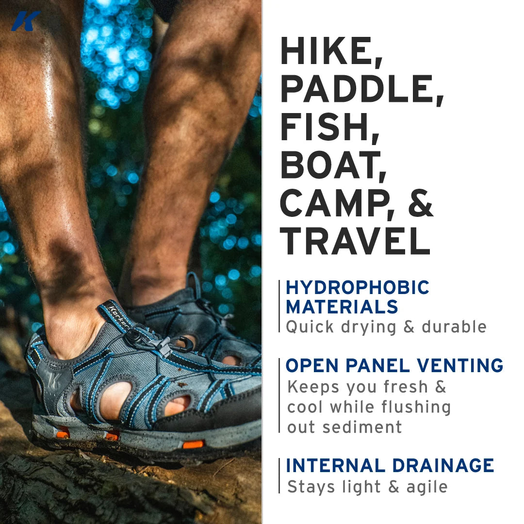 Korkers Swift sandal worn outdoors with hydrophobic materials, open panel venting and internal drainage features