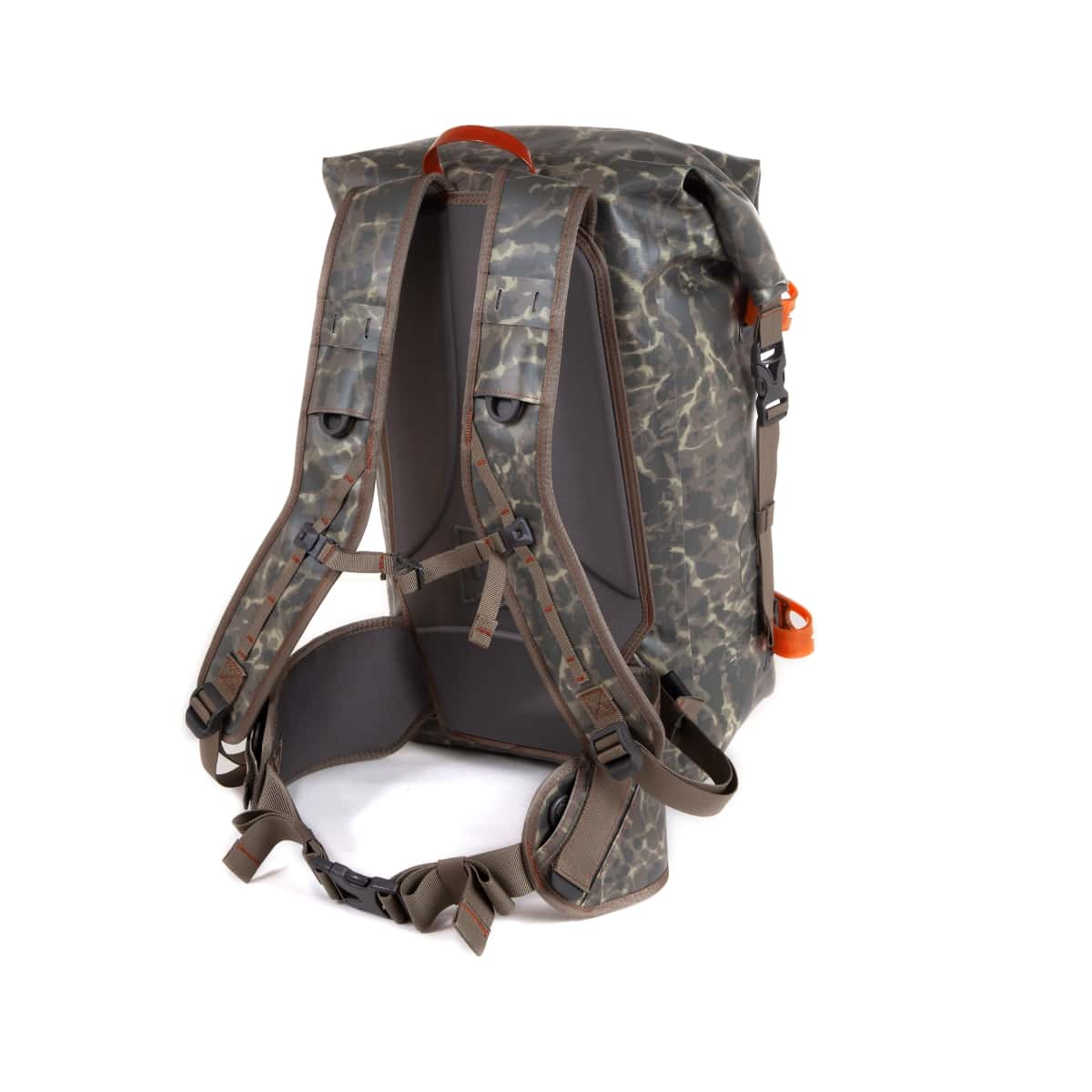 WRRTB ESC 816332016196 Fishpond Wind River Roll Top Waterproof Backpack Eco Shadowcast Camo NewStream Model Back