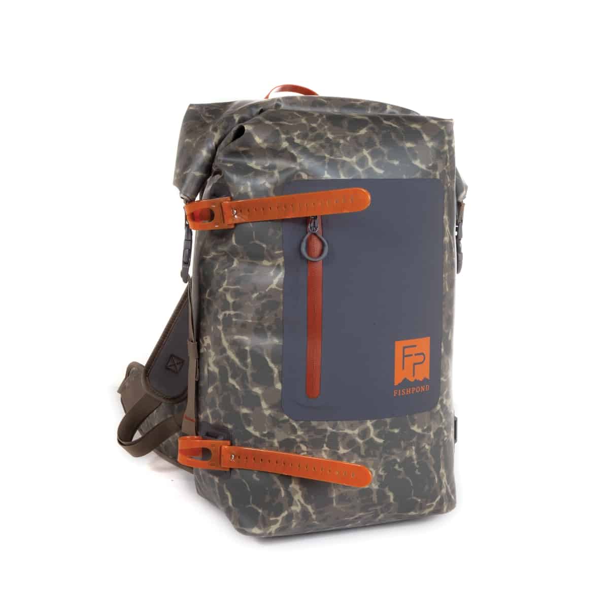 WRRTB ESC 816332016196 Fishpond Wind River Roll Top Waterproof Backpack Eco Shadowcast Camo NewStream Model Front