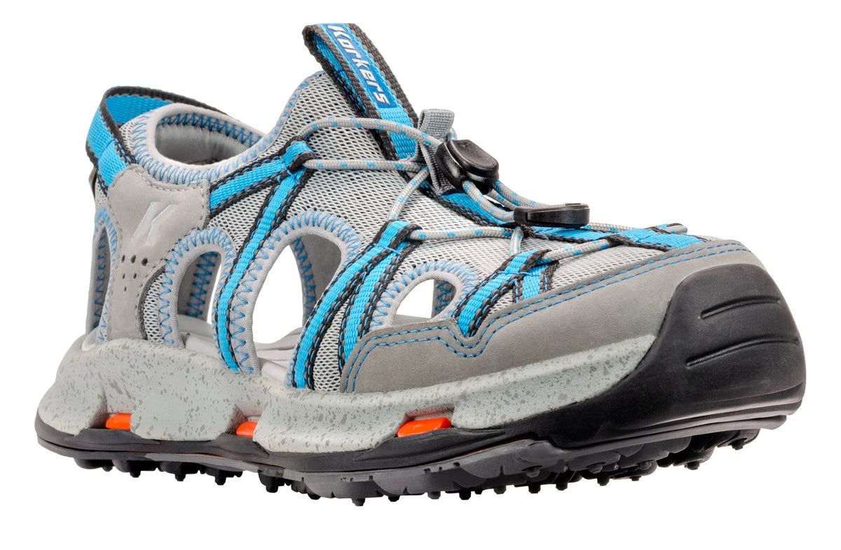 Korkers Women's Swift Current sandal in gray and blue, front three-quarter view