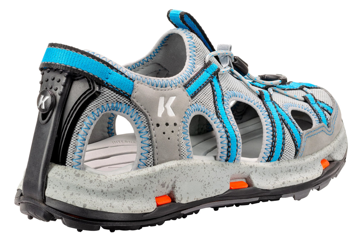Korkers Women's Swift Current sandal, rear three-quarter view showing heel and outsole attachment