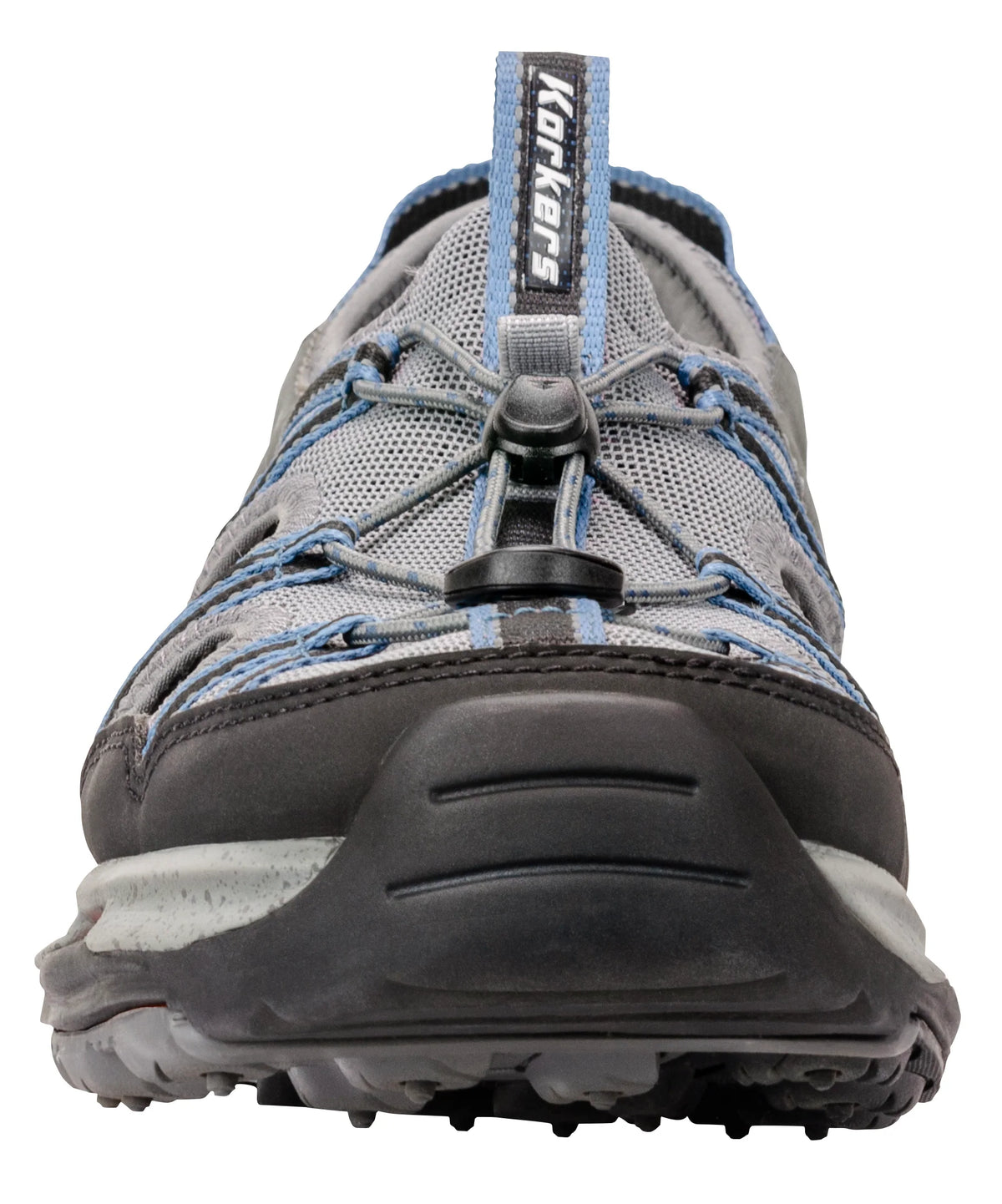 Korkers Men's Swift sandal, front view showing covered toe and cord closure
