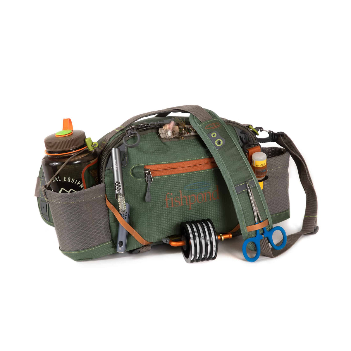816332015700 EHLP-T Fishpond Elkhorn Lumbar Pack Tortuga New Fishpond Waist Pack Front With Accessories