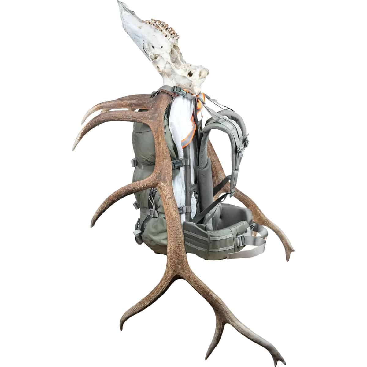 888564183090 112372 Mystery Ranch Metcalf 71L Hunting Backpack Foliage Side Hauling Mode With Elk Head