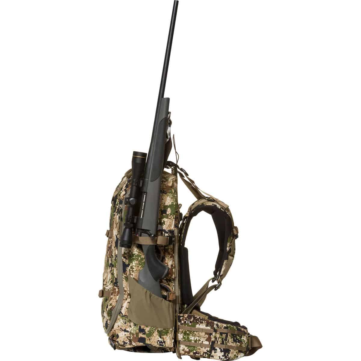 888564186343 110889 Mystery Ranch Sawtooth 45 Small Hunting Backpack optifade subalpine Side with accessory