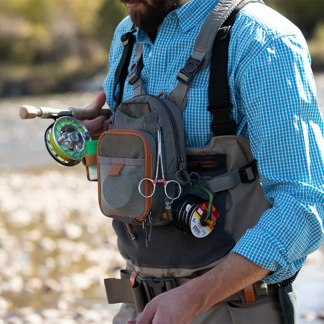 CCCPK 816332014772 Fishpond Canyon Creek Fly Fishing Chest Pack Front Closeup On River