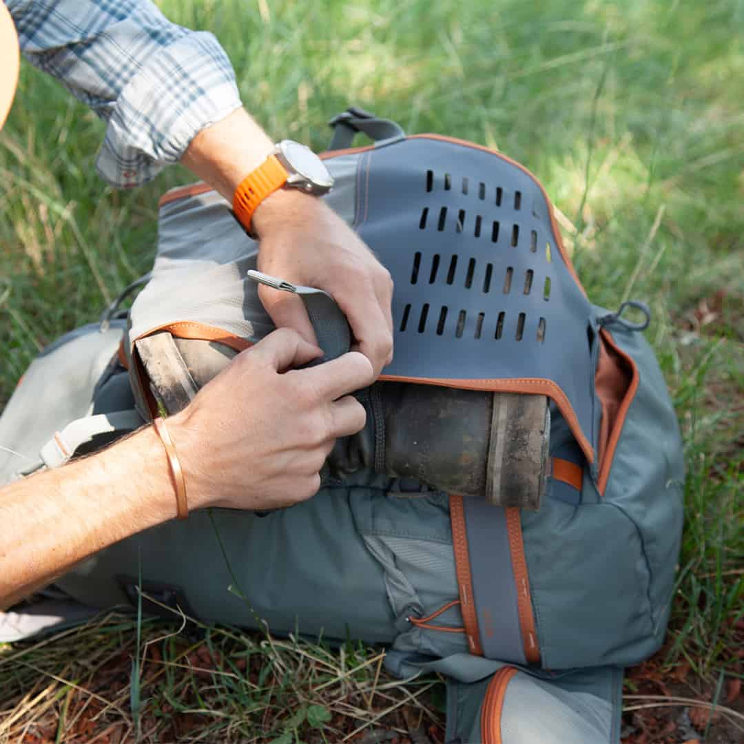 FHBP 816332014765 Fishpond Firehole Fishing and Travel Backpack Showing Wader and Wading Boot Carrier Detail