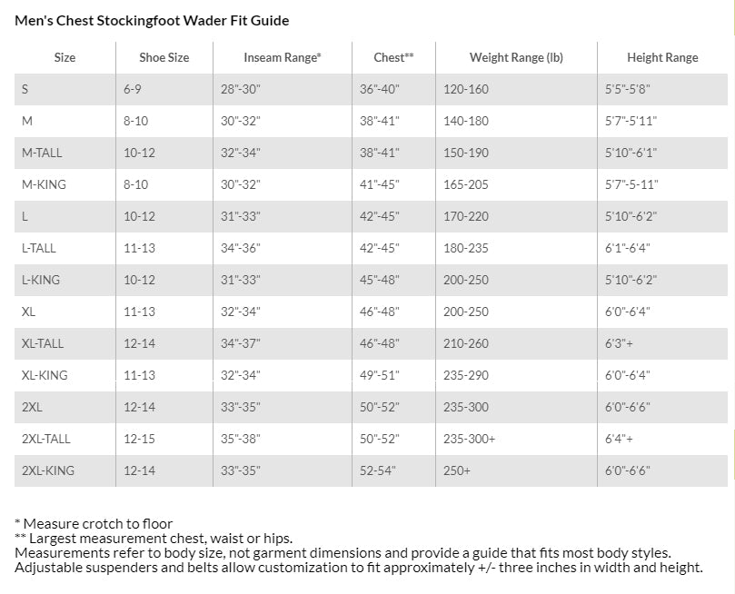 Hodgman H5 Stocking Foot Waders Size Chart Fit Guide