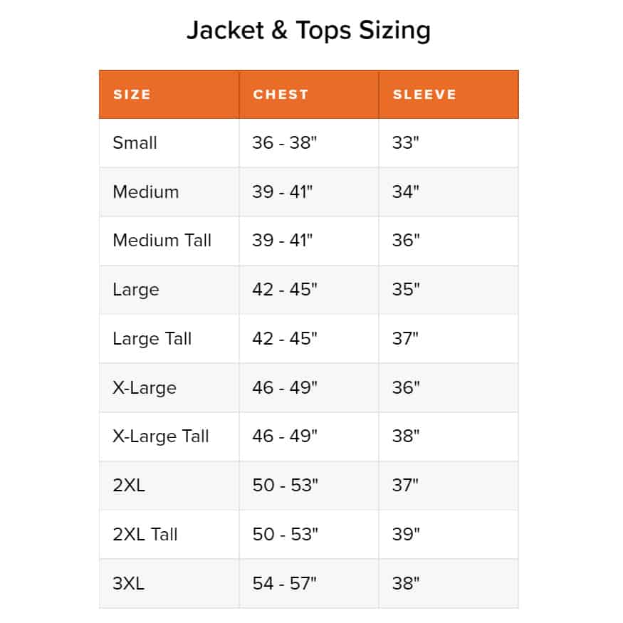 SITKA Men&#39;s Size Chart for Hunting Jackets and Tops