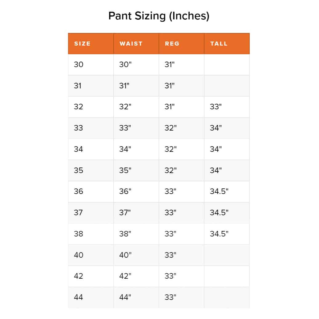 SITKA Men&#39;s Pants Size Chart in Inches