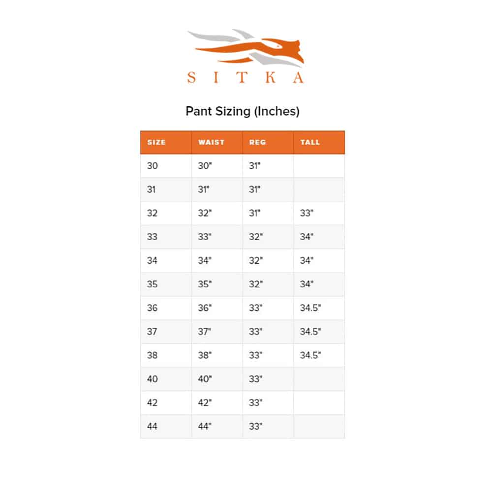 Sitka Pants Sizing Guide Inches