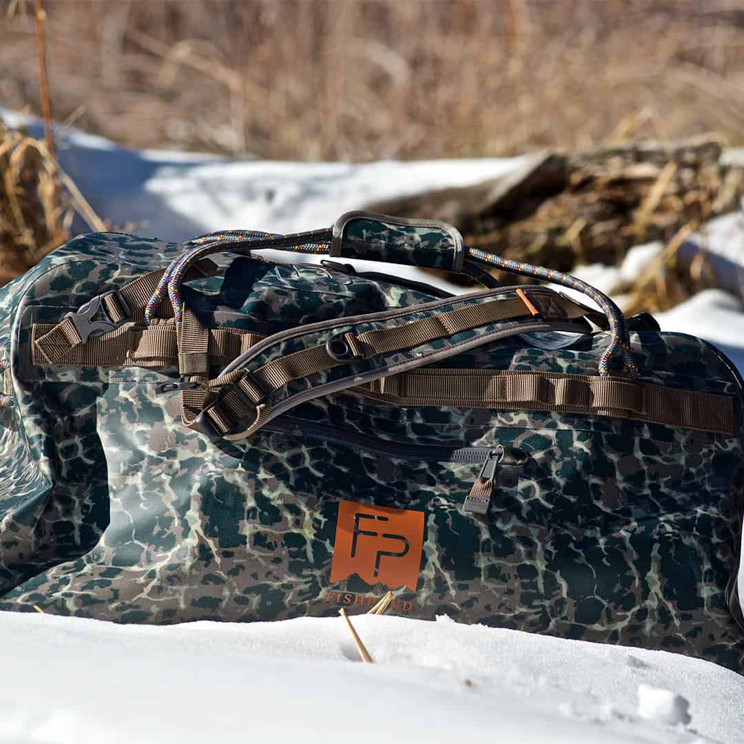 TLSD-ERC 816332015137 Fishpond Thunderhead Large Submersible And Waterproof Duffel Bag Newstream Model 2022 Eco Riverbed Camo River Bank Detail