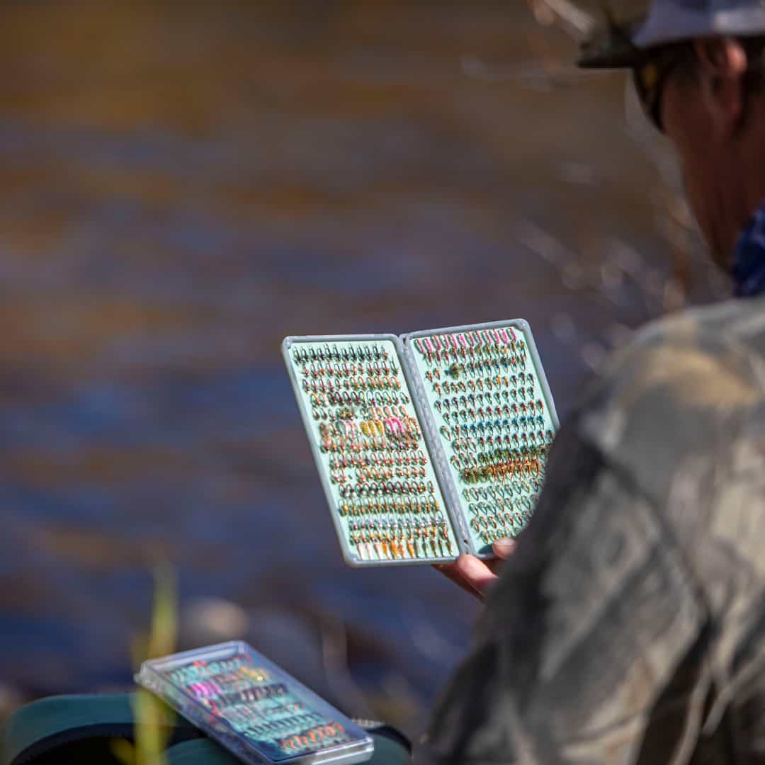 TOFB-2X 816332013867 Tacky Original 2X Double Sided Fly Box Open Outside on River Fishing