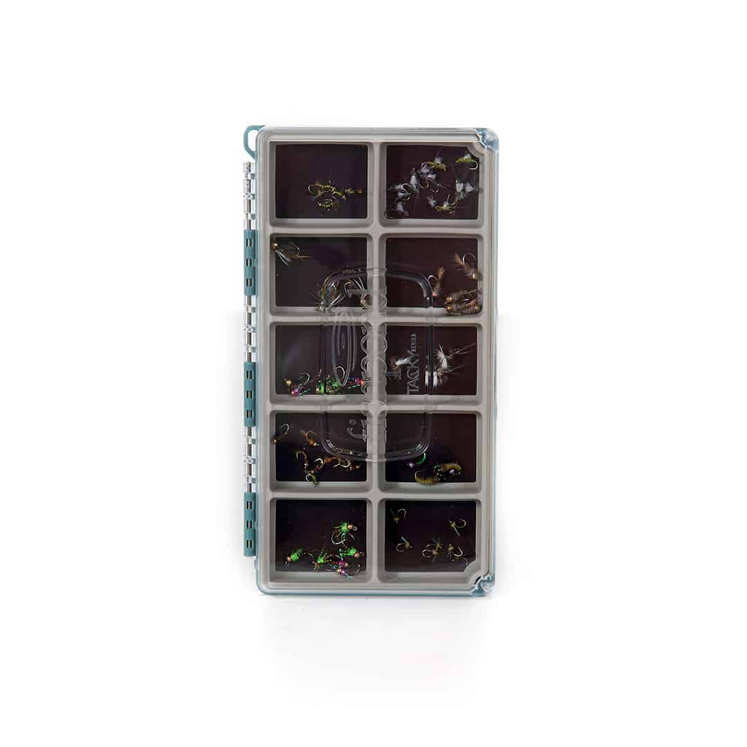TOFB-RM-TB 816332014987 Fishpond Tacky Original Fly Box RiverMag Version Baja Blue Closed with Flies on Magnets