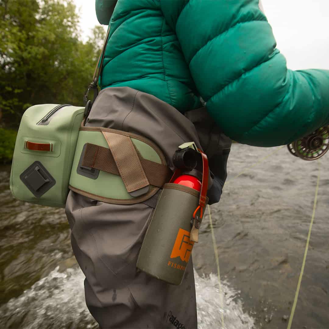 TSL-EY 816332015236 Fishpond Thunderhead Waterproof and Submersible Waist or Hip Pack Eco Yucca With Bear Spray Holder On River