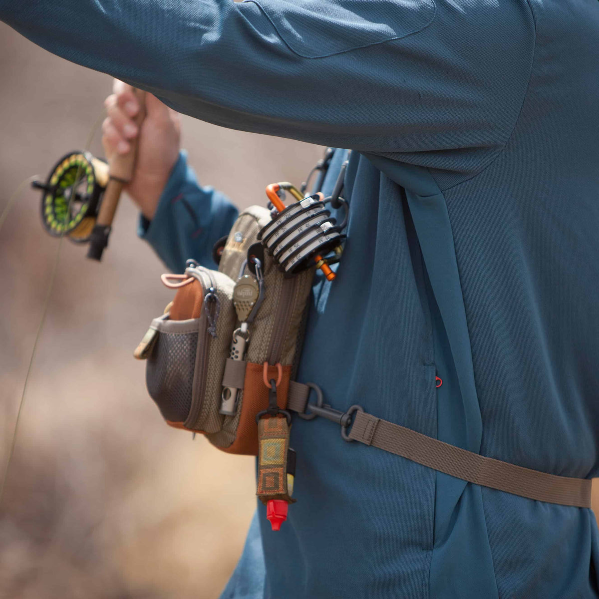 fishpond san juan vertical fishing chest pack sand and saddle brown casting detail