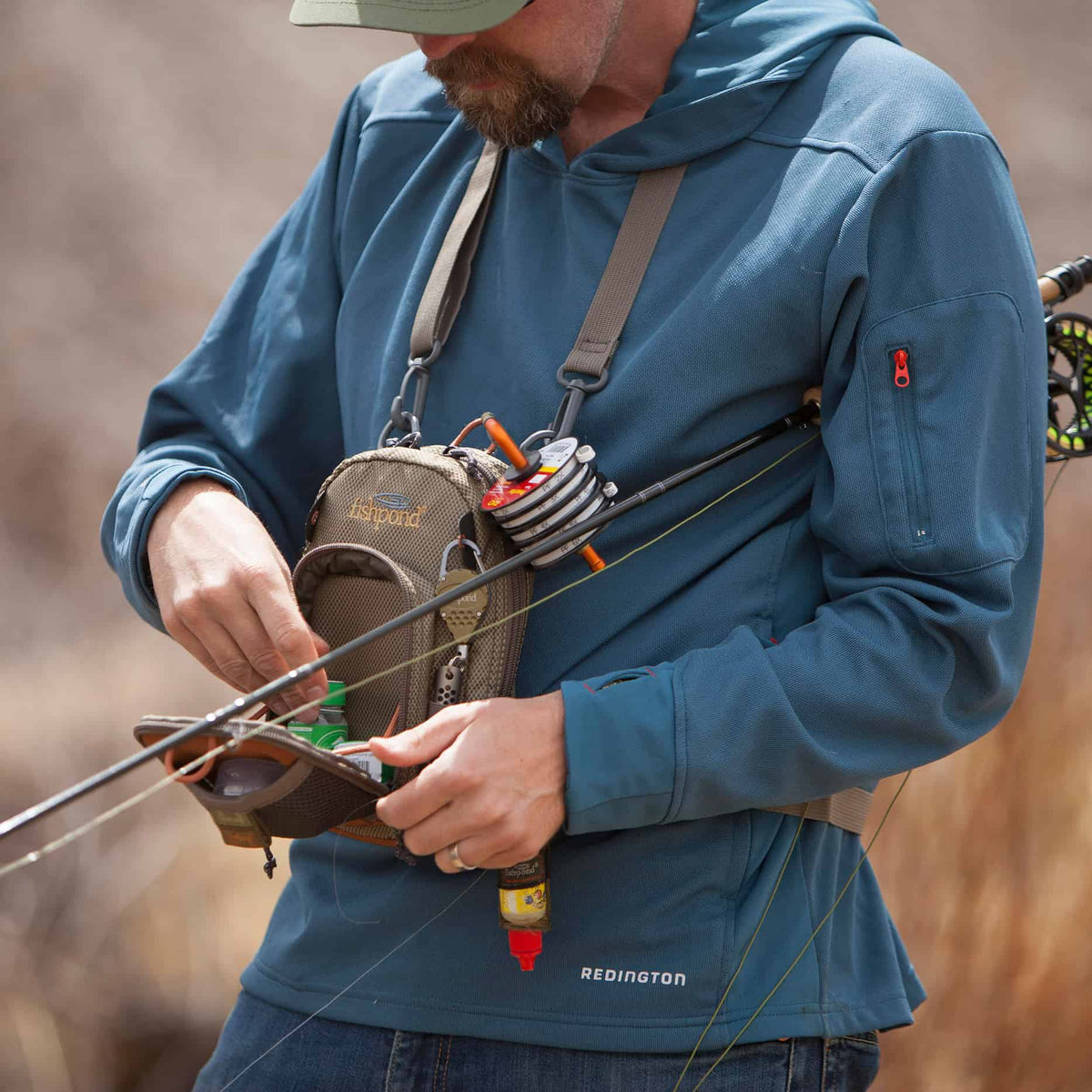 fishpond san juan vertical fishing chest pack sand and saddle brown drop down fly bench