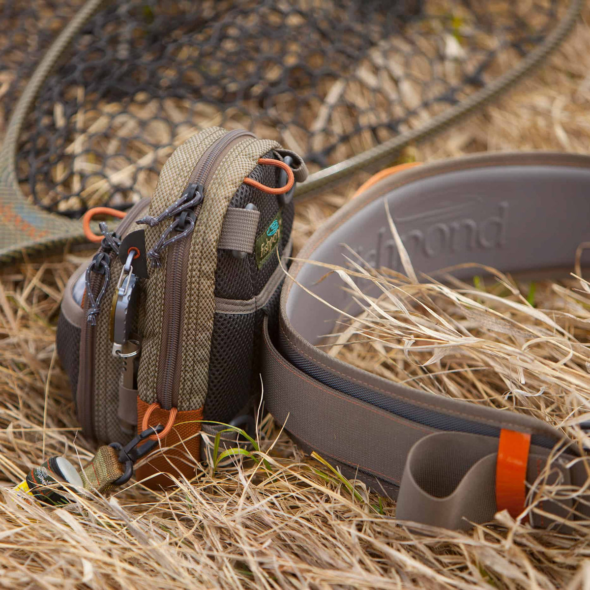 fishpond san juan vertical fishing chest pack sand and saddle brown on west bank wader belt side