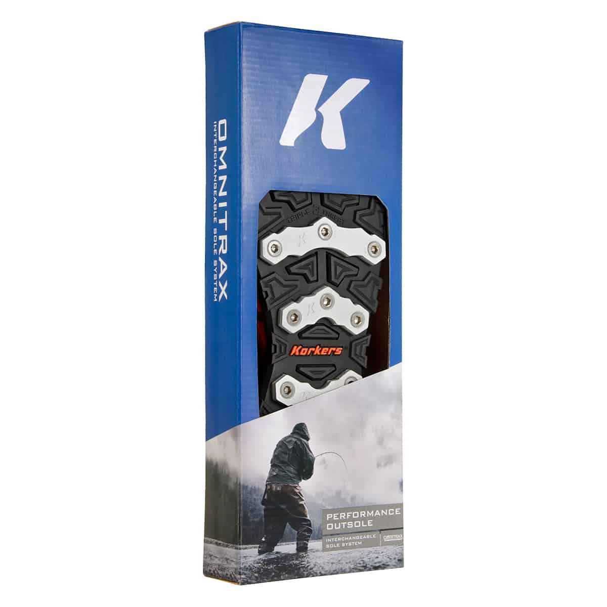 korkers omnitrax third generation triple threat aluminum bars wading boot sole product box
