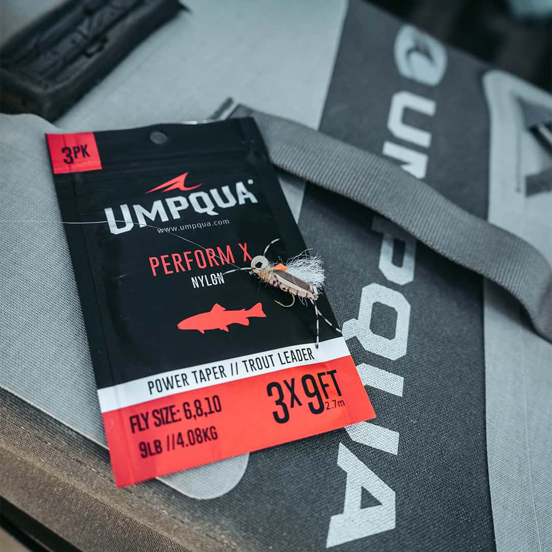 umpqua perform x nylon trout fishing leader 3 pack on boat bag