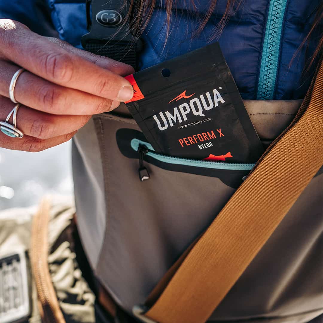 umpqua perform x nylon trout fishing leader 3 pack taking out of waders