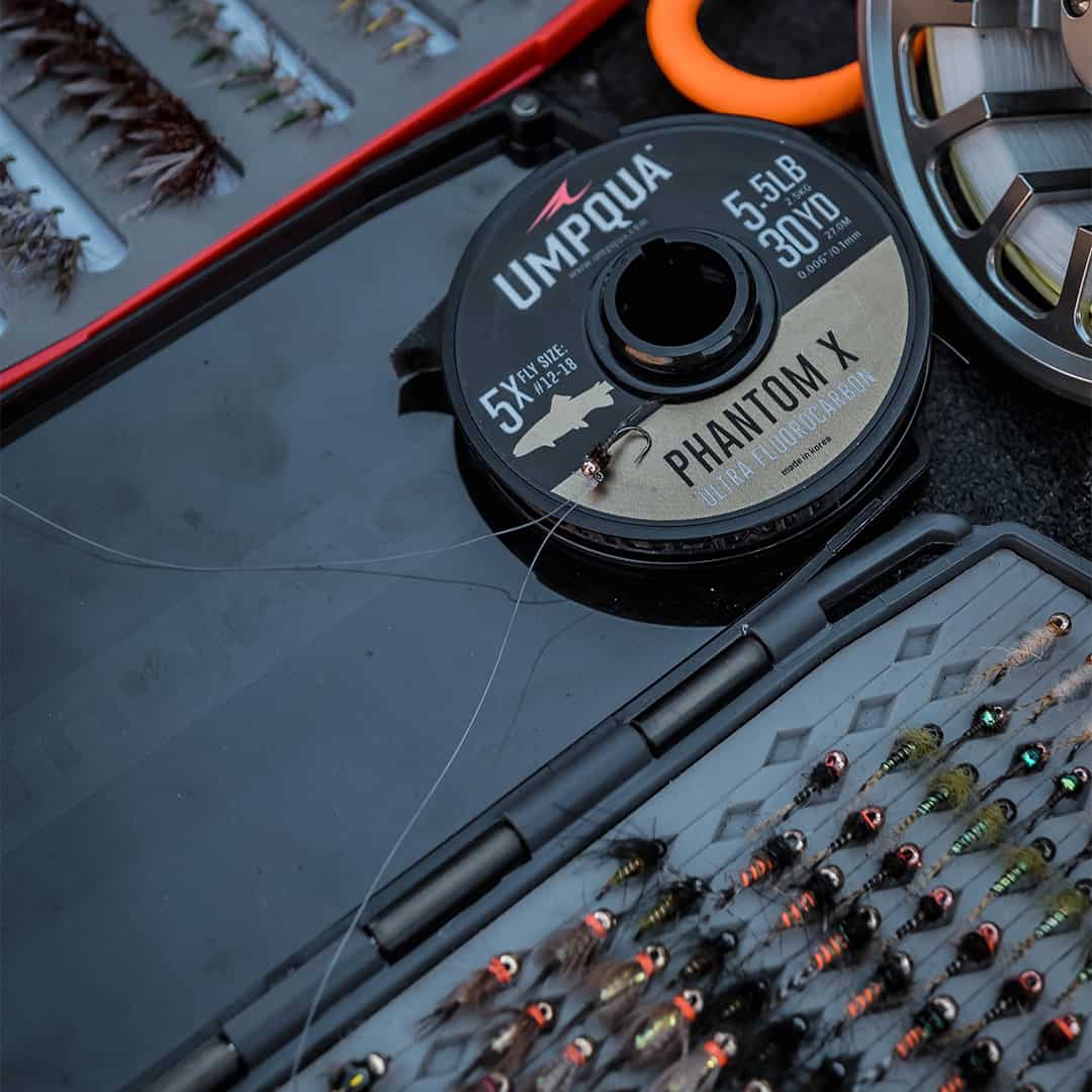 umpqua phantom x fluorocarbon trout tippet 30 yard spool on flybox