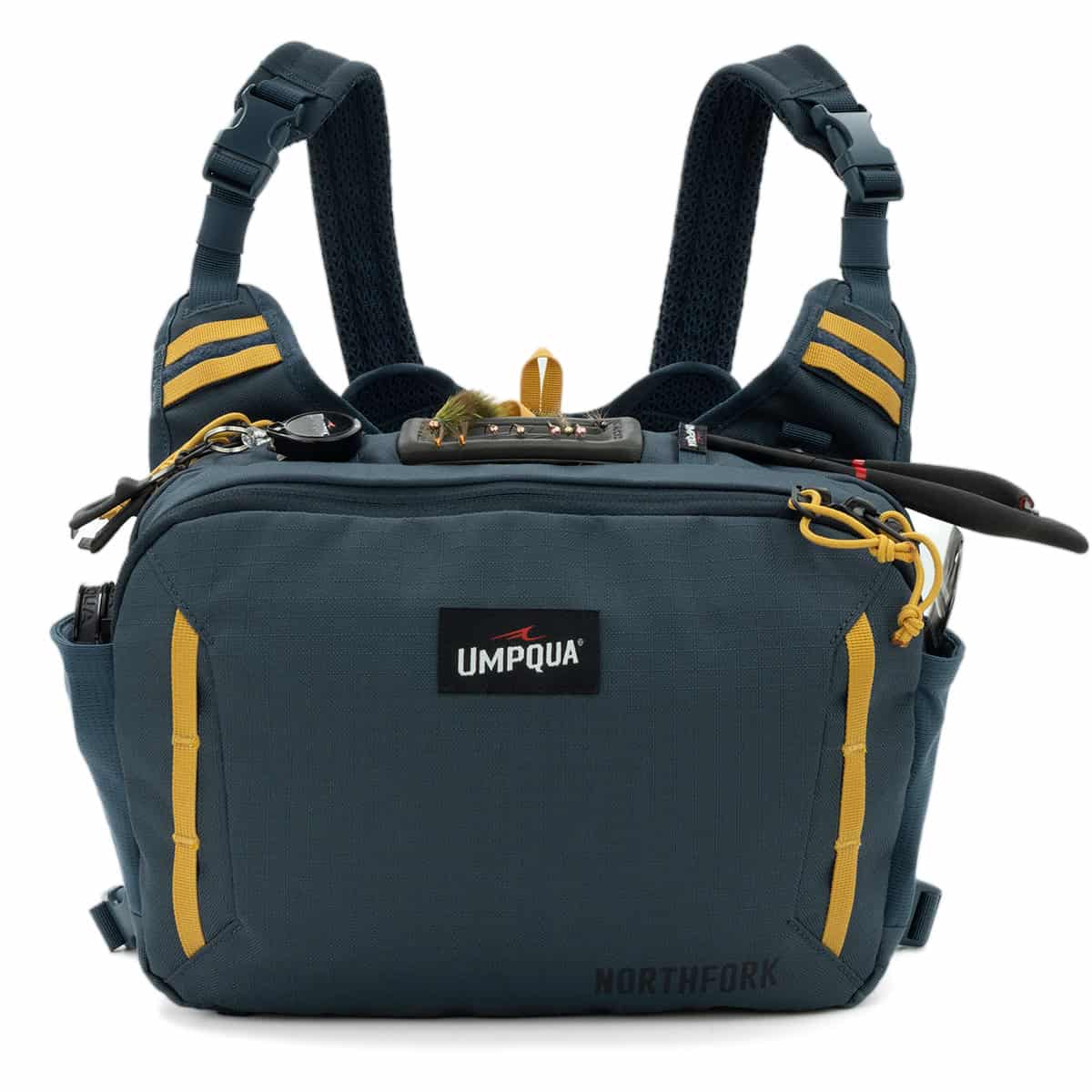 052857320473 35295 Umpqua Chest Pack For Fly Fishing Northfork Cobalt Loaded With Fly Fishing Accessories