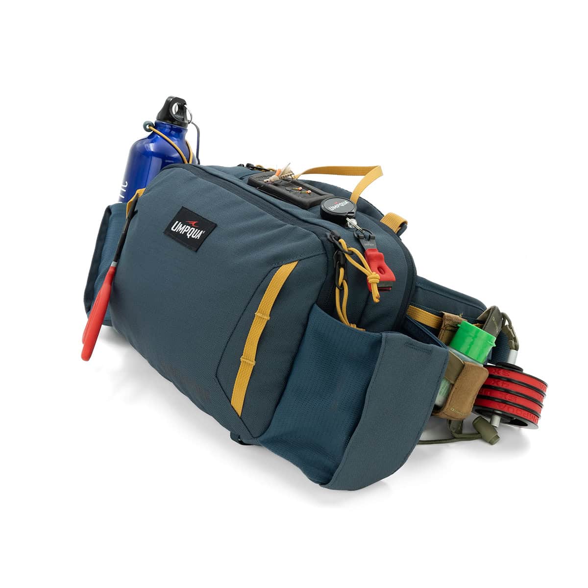 052857320497 35297 Umpqua Northfork Waist Pack Cobalt Side Loaded With Fly Fishing Accessories