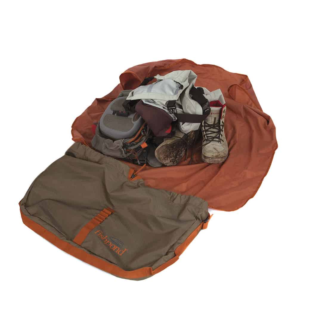 816332011238 BWB Fishpond Burrito Fly Fishing Wader and Boot Storage Bag Opened With Wet Fly Fishing Gear