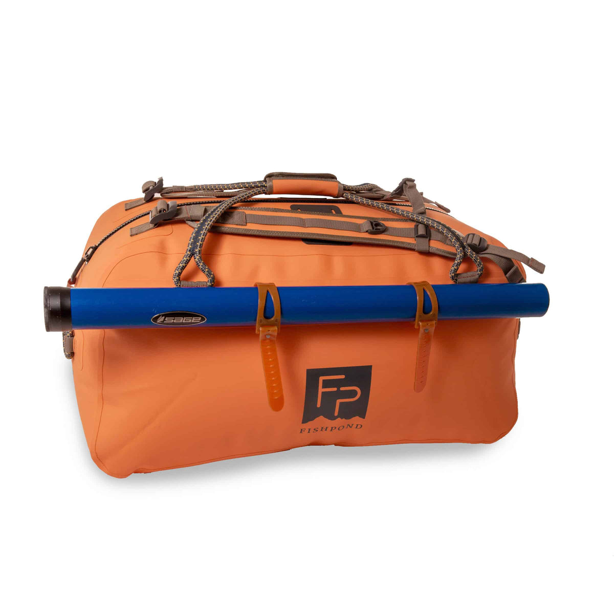 Orange duffel bag with a blue rod holder on a white background
