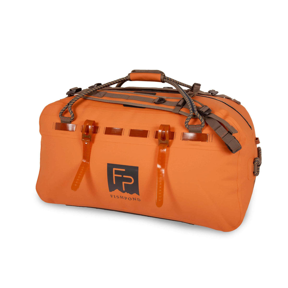 Orange waterproof duffel bag with brown handles and straps on a white background of item UPC 816332016622 which is the Fishpond Thunderhead Grande Submersible Duffel, which is a waterproof dry bag.