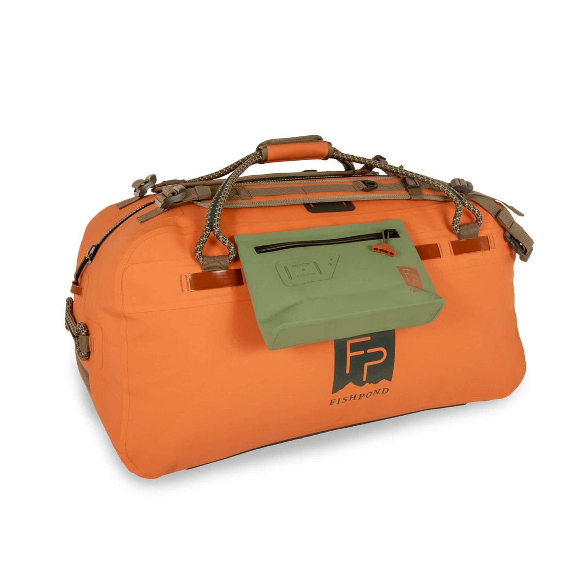 Orange waterproof duffel bag with brown handles, a small green waterproof bag and straps on a white background of item UPC 816332016622 which is the Fishpond Thunderhead Grande Submersible Duffel, which is a waterproof dry bag.