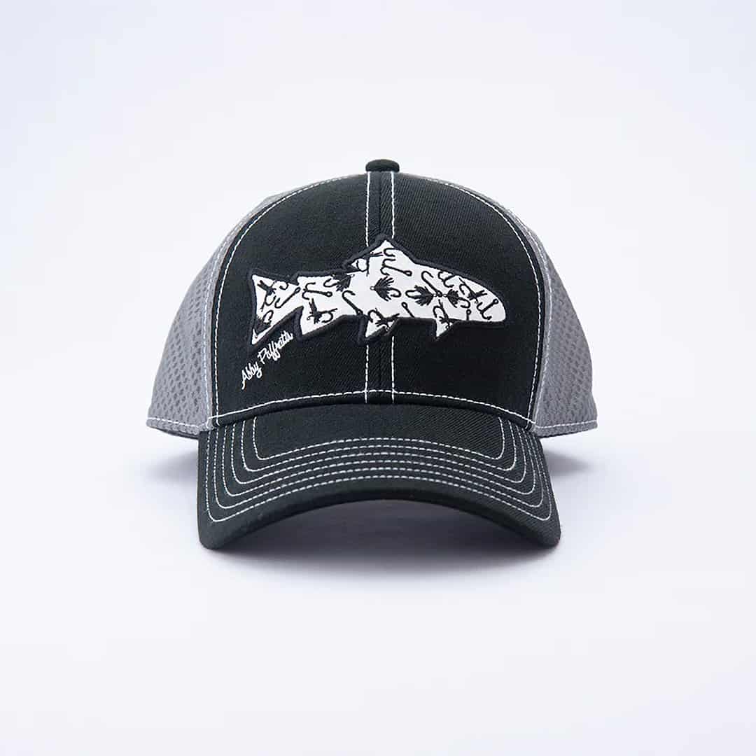 850029265122 art 4 all tie one on trucker hat by abby paffrath featuring trout patch straight on