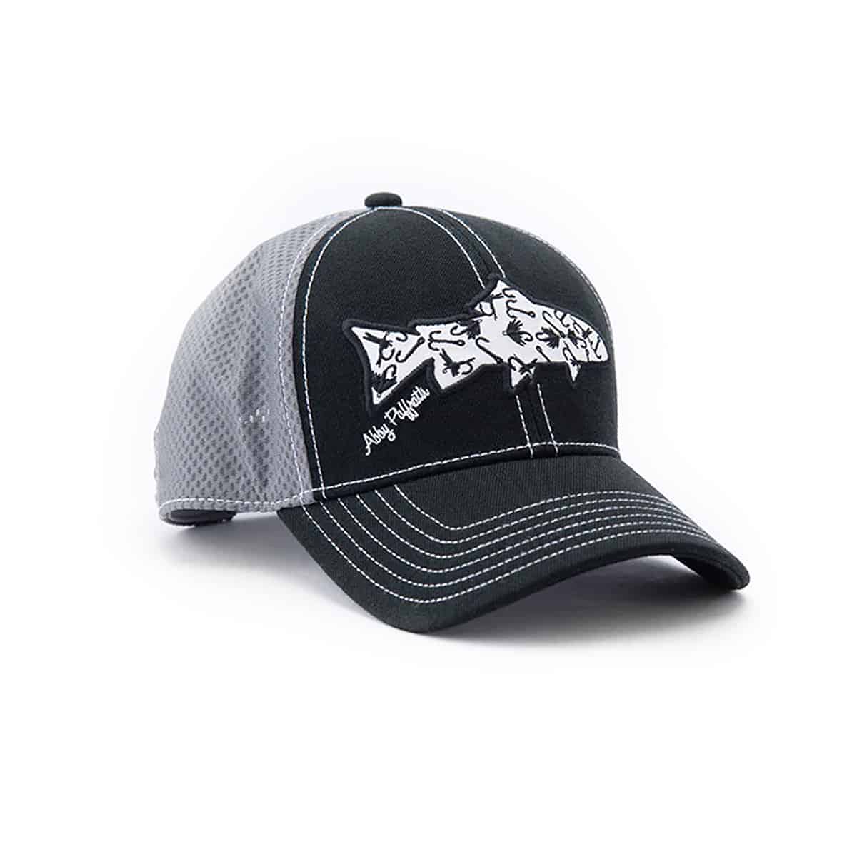 850029265122 art 4 all tie one on trucker hat by abby paffrath featuring trout patch three quarter