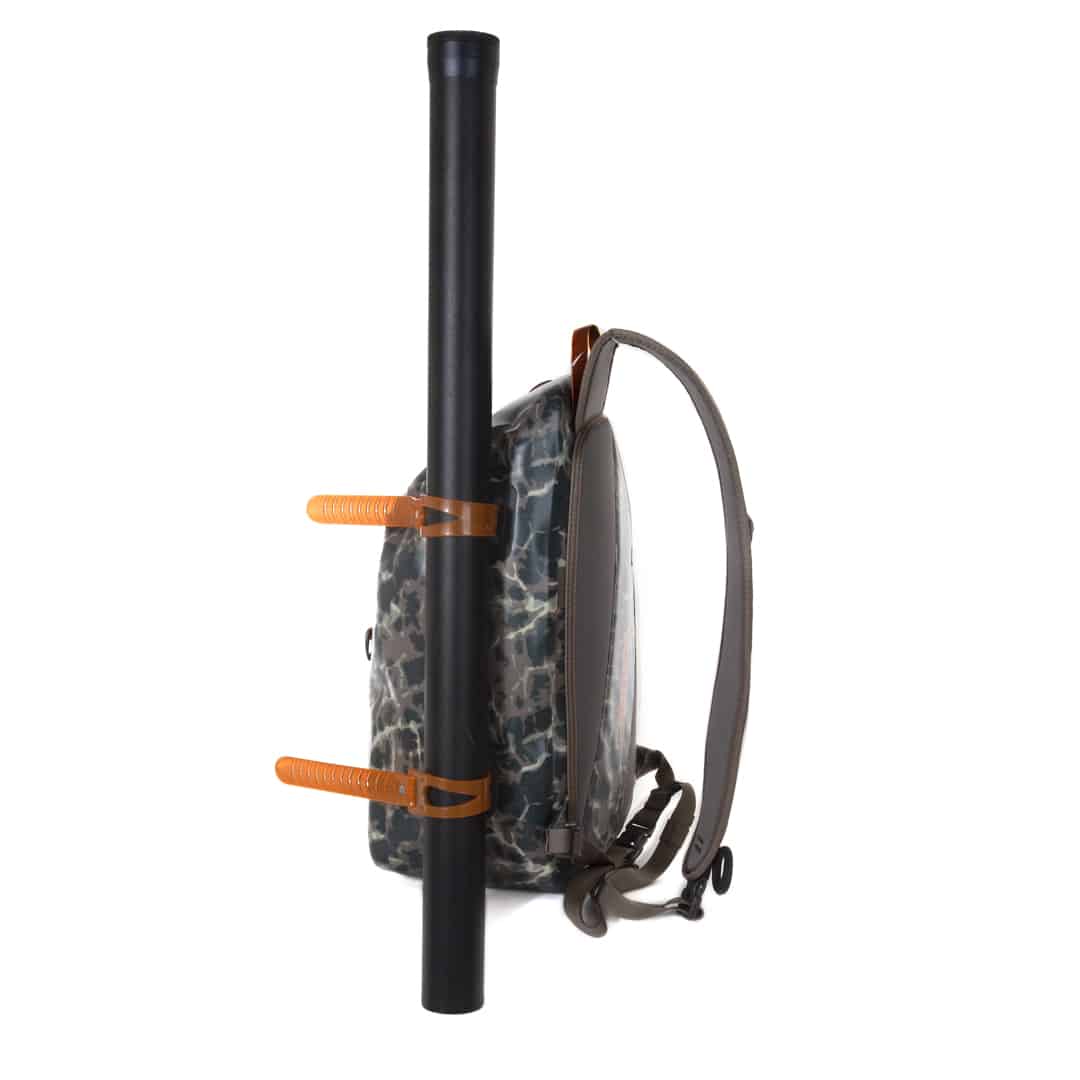 THS ERC 816332015090 fishpond thunderhead waterproof fly fishing sling pack riverbed camo back with rod tube