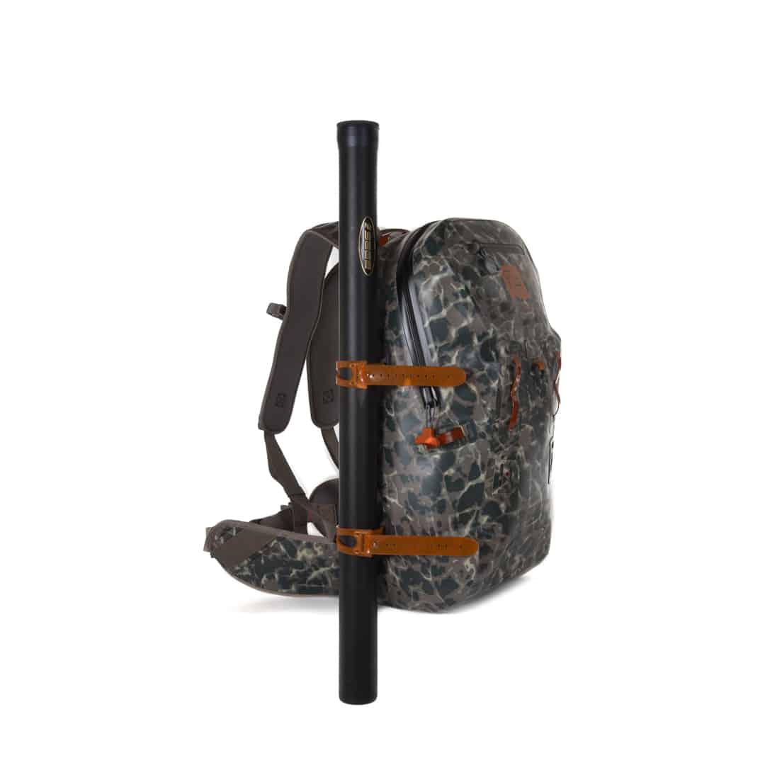TSB-ERC 816332015199 fishpond thunderhead waterproof fly fishing backpack eco riverbed camo with fly fishing rod tube on side