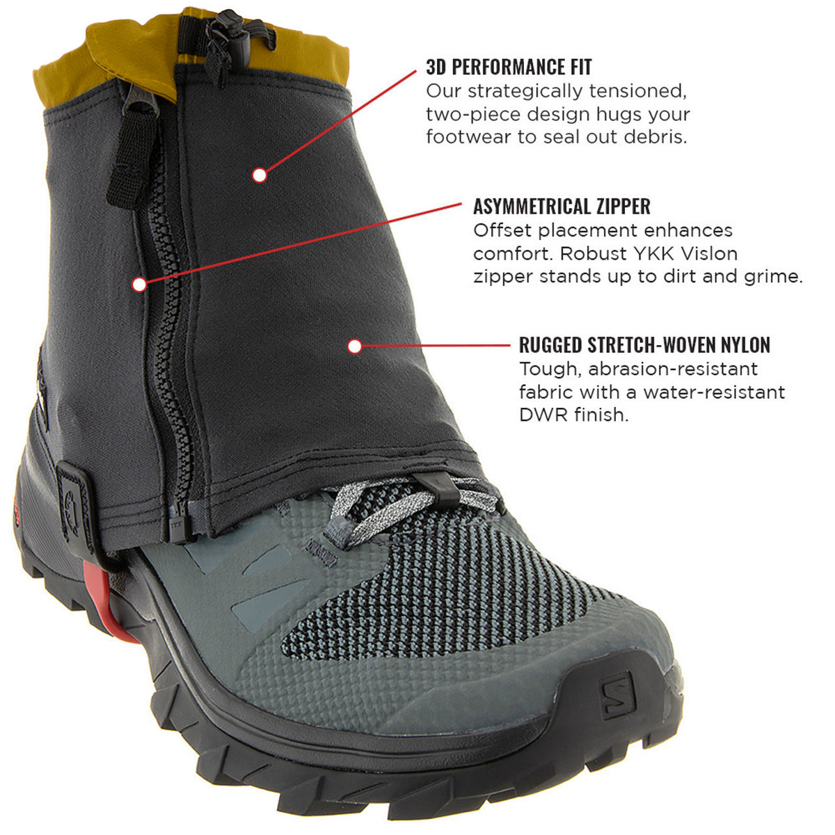 Gray and yellow boot with features highlighted on a white background of the Kahtoola RENAGaiter