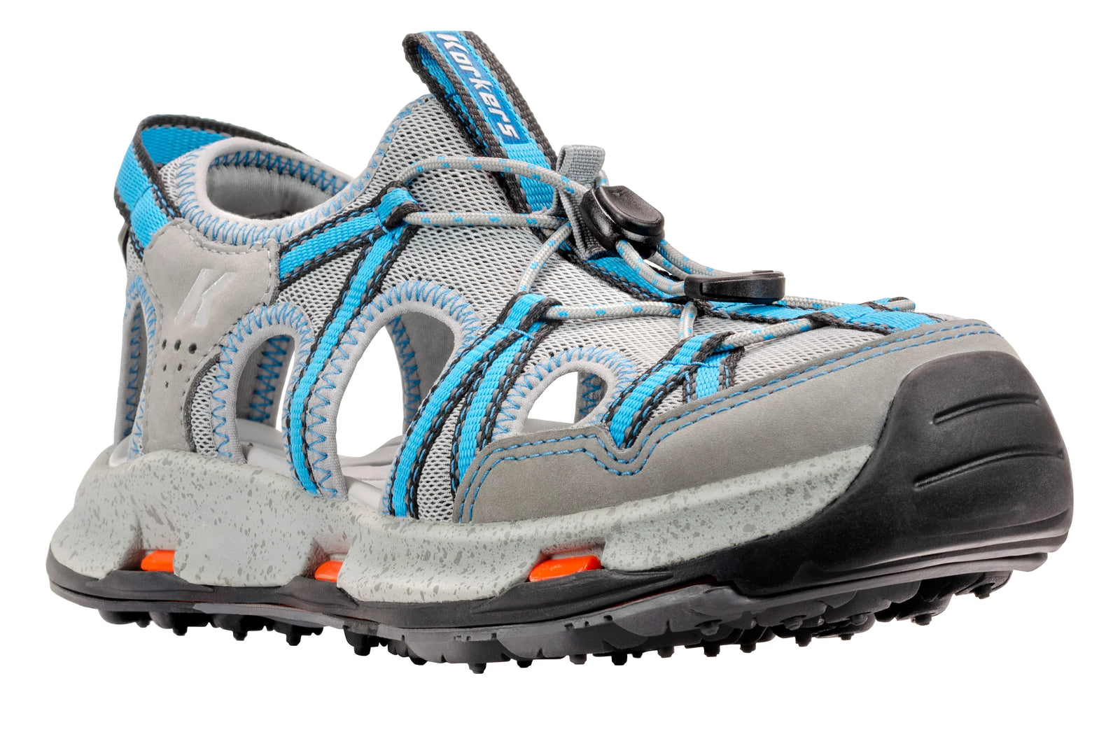 Korkers Women's Swift Current sandal in gray and blue, front three-quarter view