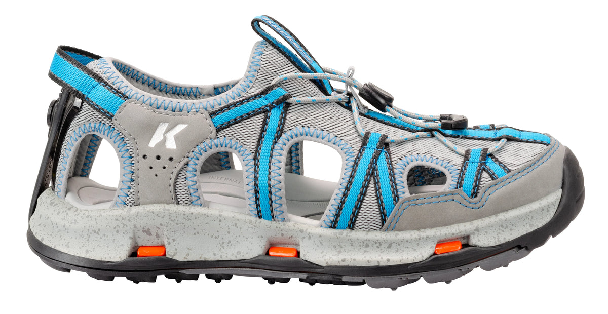 Korkers Women's Swift Current gray and blue wet wading sandal, outer side view