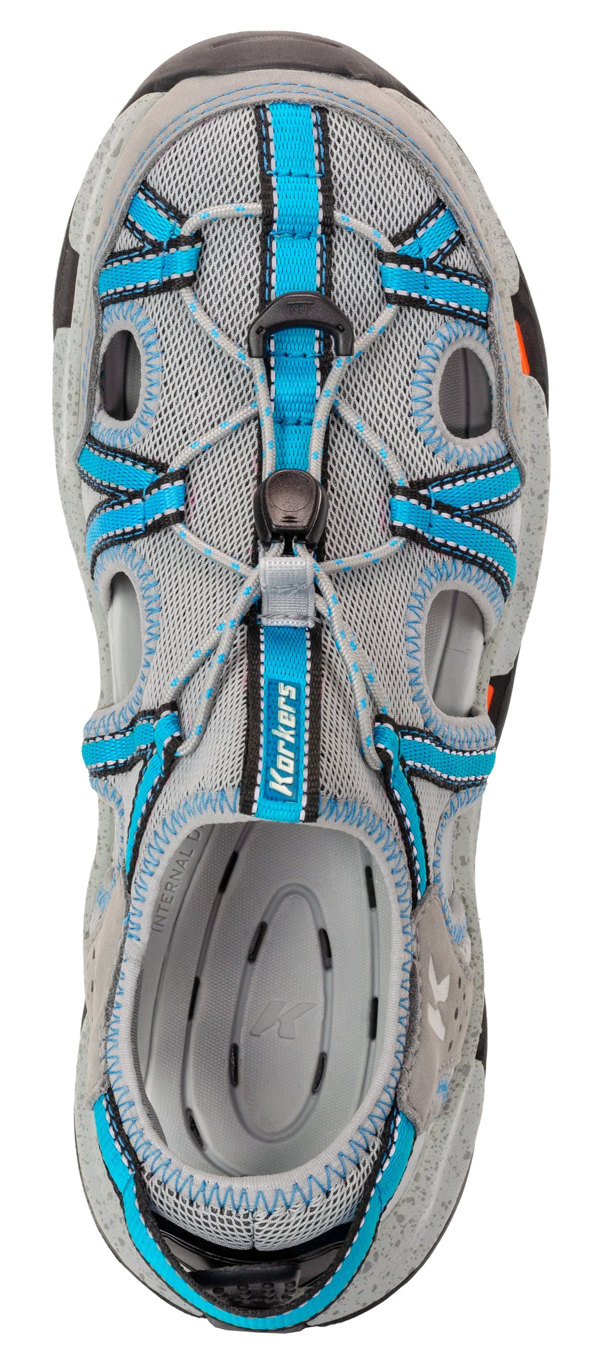 Korkers Women's Swift Current sandal, top view showing cord closure and footbed