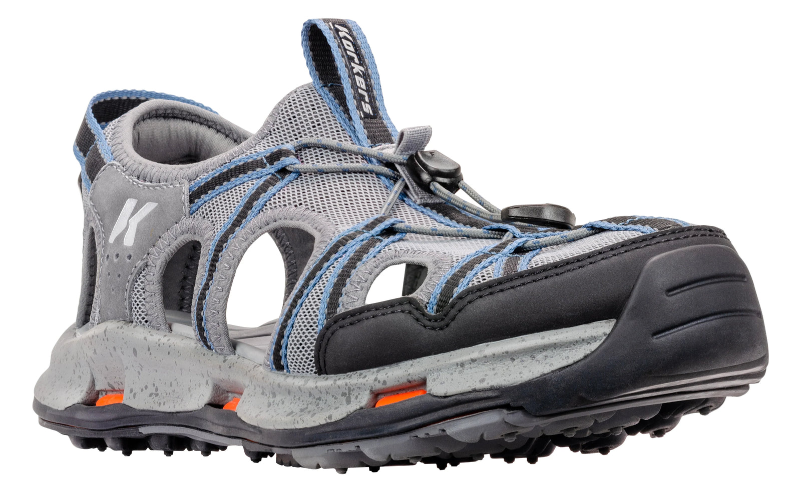 Korkers Men's Swift gray and black wet wading sandal, front three-quarter view showing covered toe and cord closure
