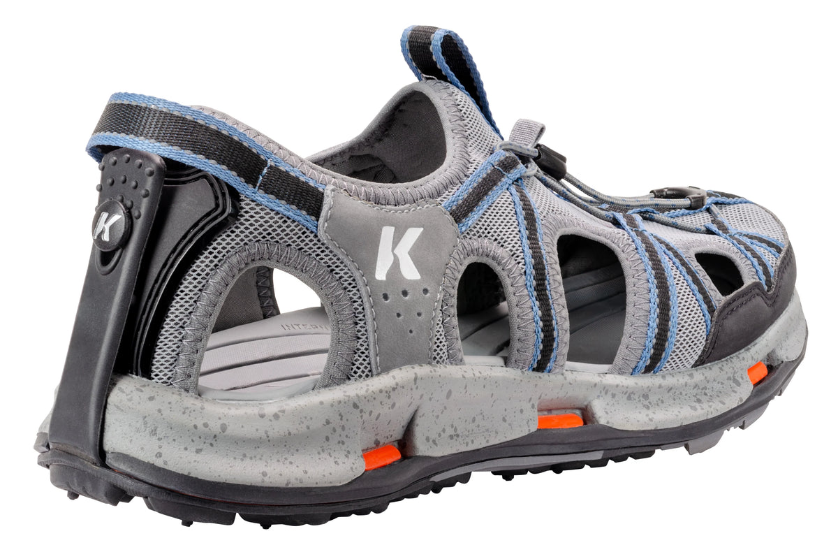 Korkers Men's Swift sandal, rear three-quarter view showing heel and sole attachment