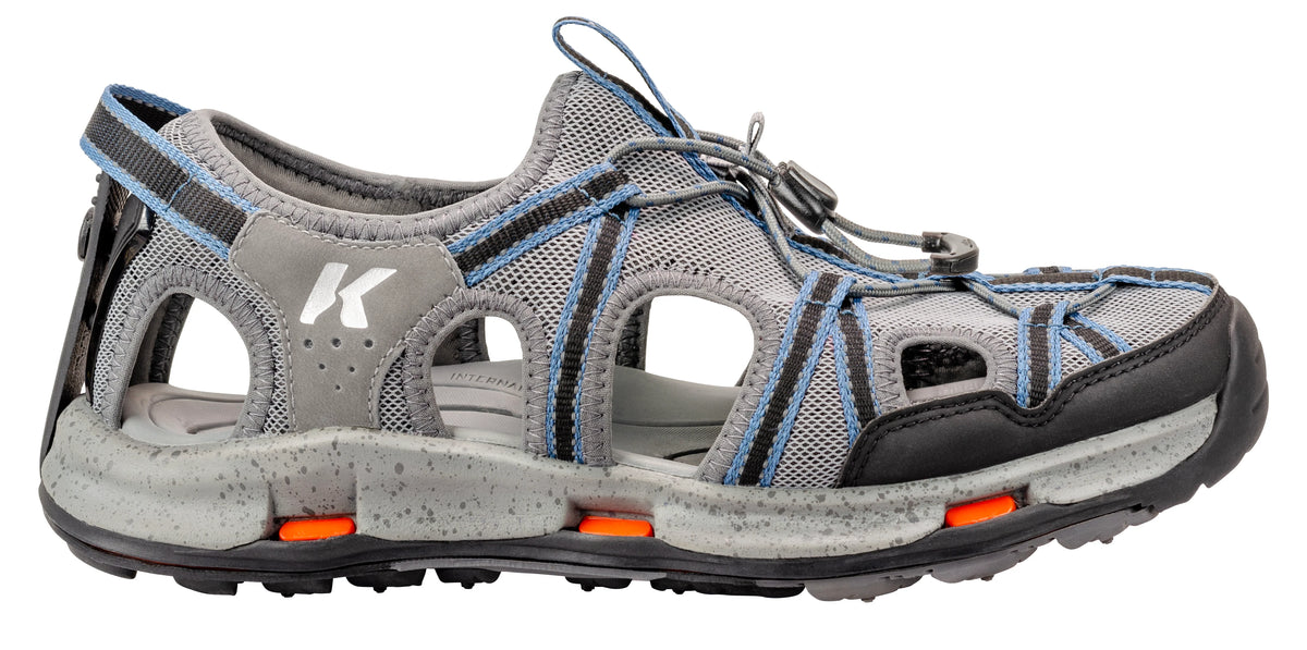 Korkers Men's Swift wet wading sandal in gray and black, outer side view showing open panels